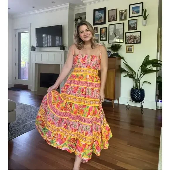 FARM Rio Yellow Pink Floral Tiered Midi Dress - Picture 7 of 12